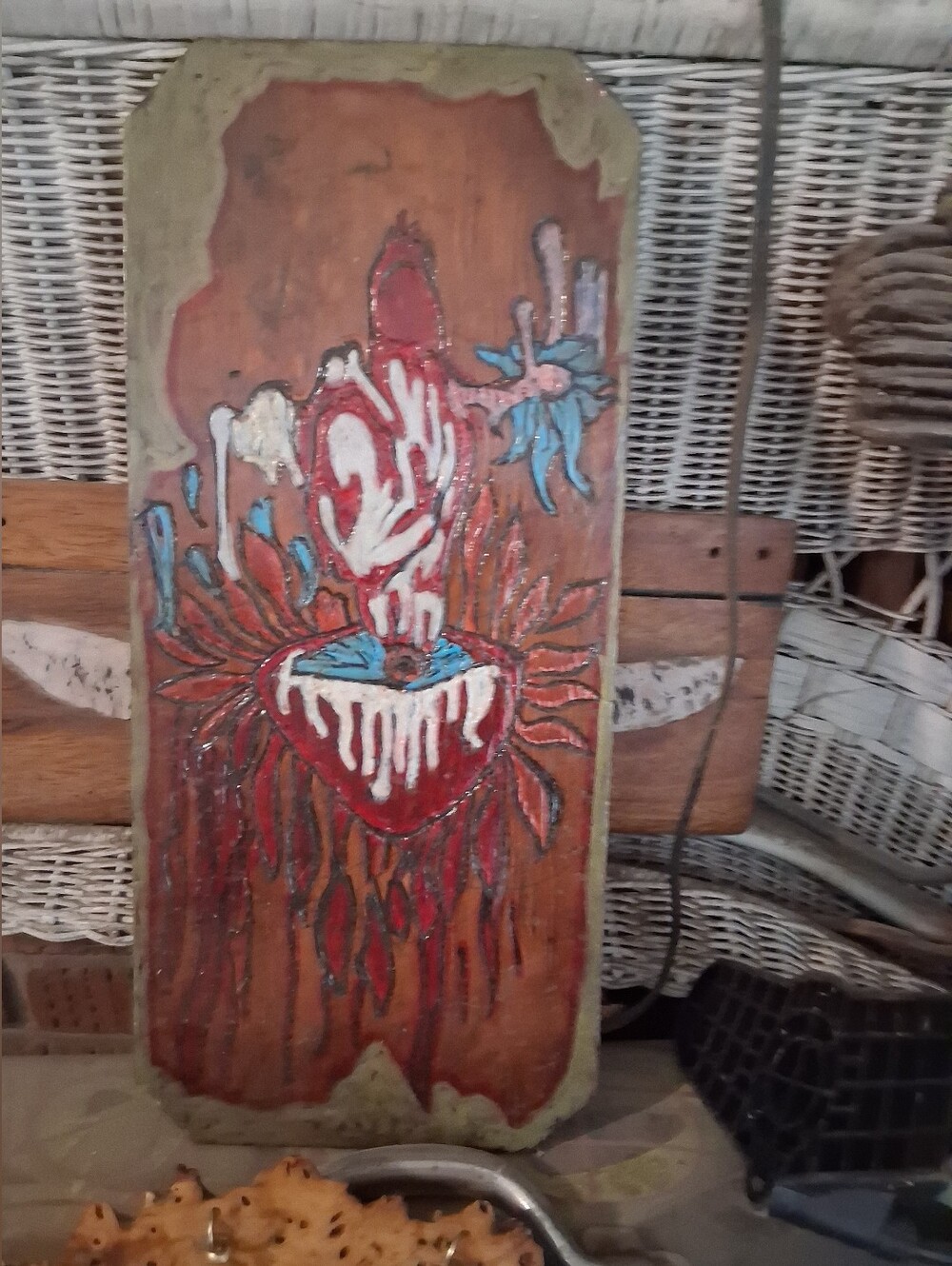 Hand-Painted Sacred Heart Wall Art in Red and Blue